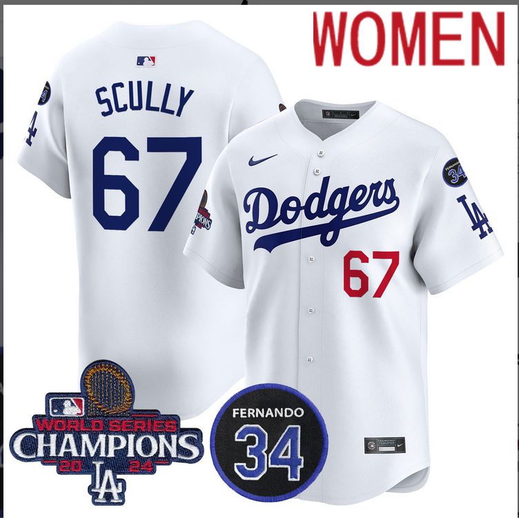 Women MLB Los Angeles Dodgers #67 Scully white 2024 World Series Champions Patch Limited Jersey->women mlb jersey->Women Jersey